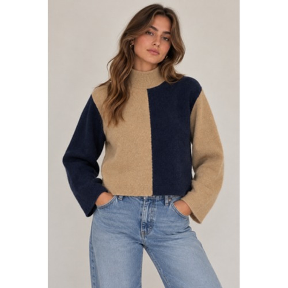 & Other Stories Sweater Womens Small Camel Navy Colorblock Mock Neck Alpaca